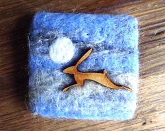 Needlefelted, Winter Hare Brooch: Snow Hare Pin. Textile Art Brooch.