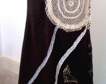 Upcycled. recycled, chocolate and cream linen skirt with lace and crochet - 'Cocoa'