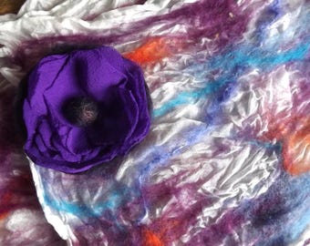 Needle Felted and Chiffon Brooch. Purple shades,  Flower Brooch, Wool Floral Pin