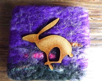 Moorland inspired brooch with leaping hare . Pennine landscape brooch. Mini Hand felted pin.