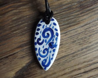 Blue pattern, hand painted ceramic pendant with black cord necklace