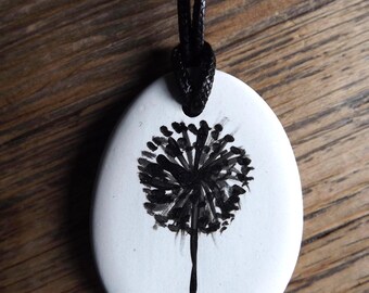 Floral, hand painted ceramic pendant with black cord necklace