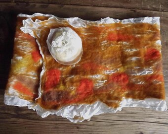 Nuno felted short neck scarf with flower brooch/corsage.