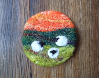Needle felted brooch of sheep inspired by the Yorkshire Countryside