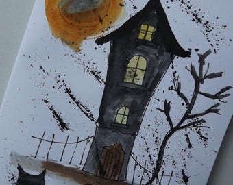 Halloween watercolour.  Original Halloween journal, zine. Fun Halloween.  A6. Happy Halloween Art Book. Witches, pumpkins and spooky things.