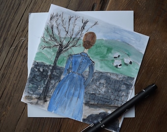 Jane Eyre, Charlotte Bronte inspired, pen and ink and watercolour card - 6 x 6 inches - an original