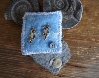 Seahorse nuno felted brooch, rustic, handmade, stitched brooch