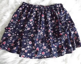 Upcycled. recycled, navy blue floral mini skirt with ruffled tier.  Free size.