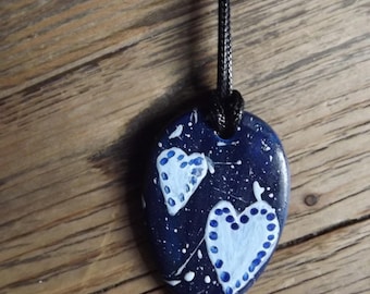 Heart hand painted ceramic pendant with black cord necklace