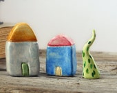 Miniature clay houses, little rustic clay house village, blue houses, green tree, home decor, set no3