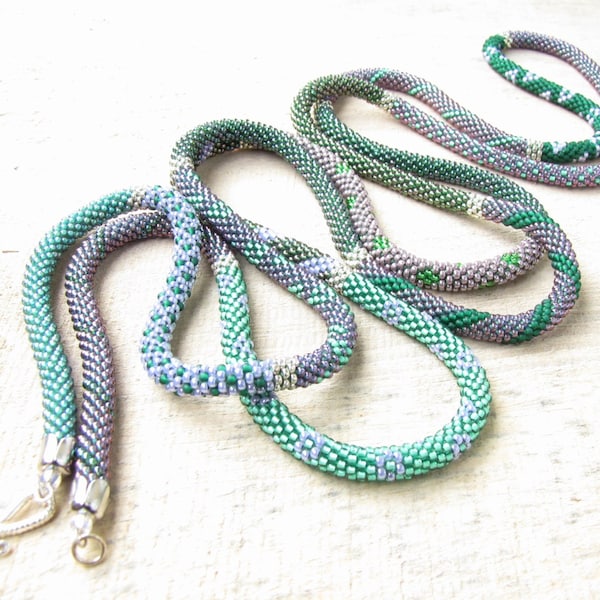 long necklace, green necklace, crocheted necklace, Bead crochet necklace, lavender, purple, Bead Crochet Rope, Free Shipping