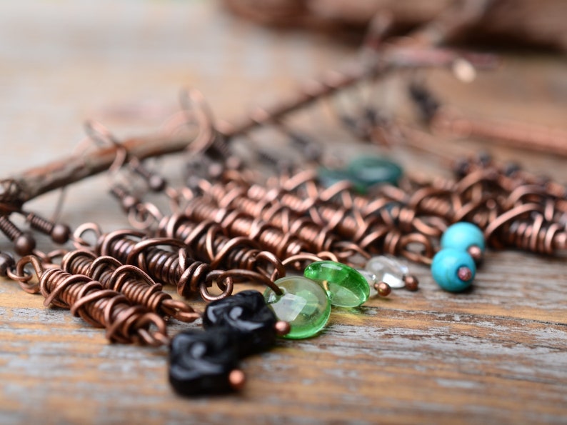 copper earrings cluster earrings gift for her copper wire wrap folk happy jewelry