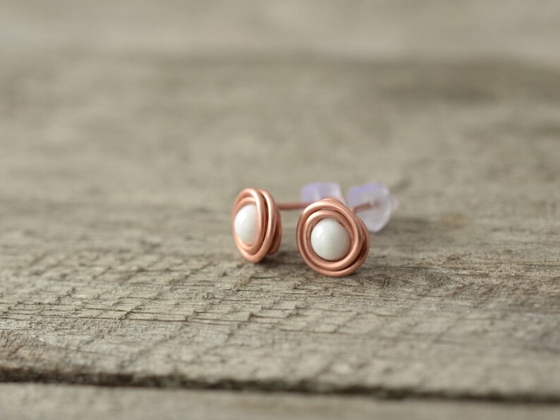 white earrings wire wrap copper studs fashion bridesmaid jewelry boho stud earrings gift for her minimal