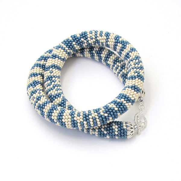 Beaded crochet necklace - Ivory- Blue -Bead Crochet Rope