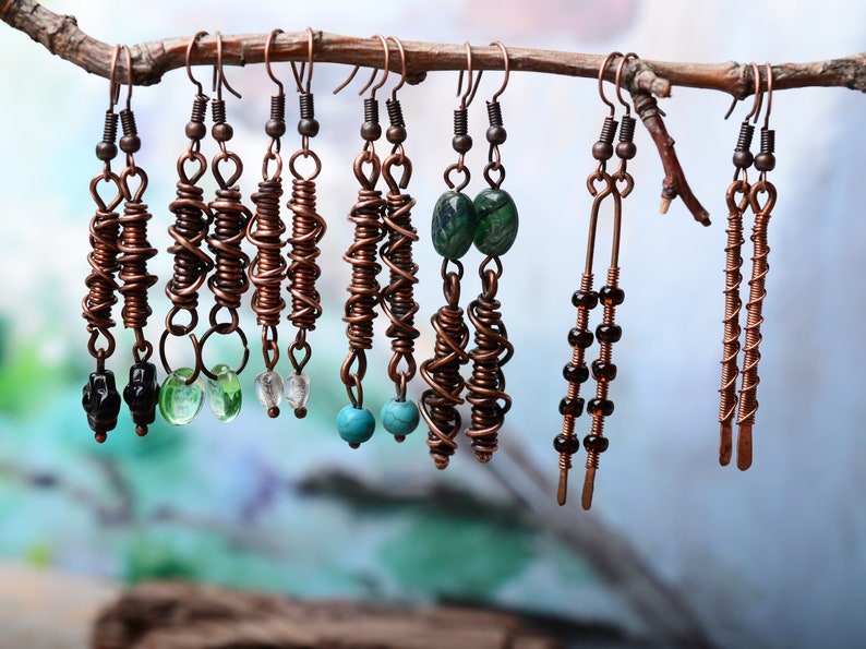 copper earrings cluster earrings gift for her copper wire wrap folk happy jewelry