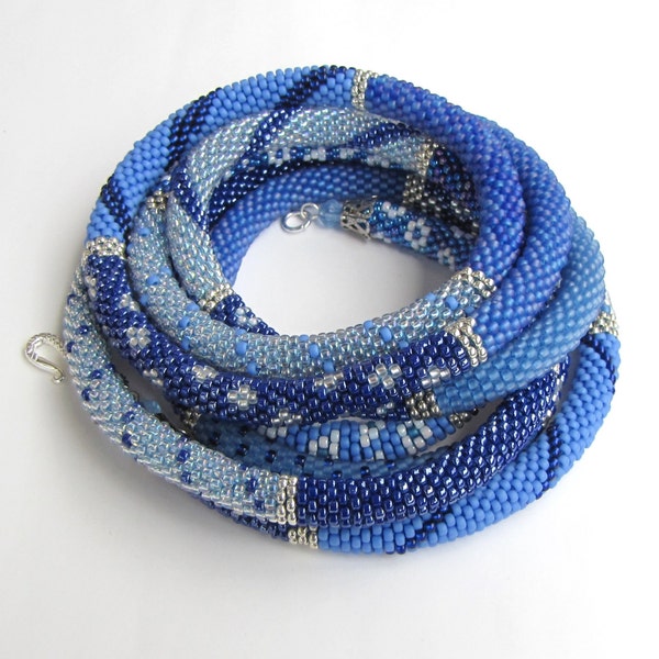 long necklace, Bead crochet necklace,Blue sea,crochet rope, blue necklace