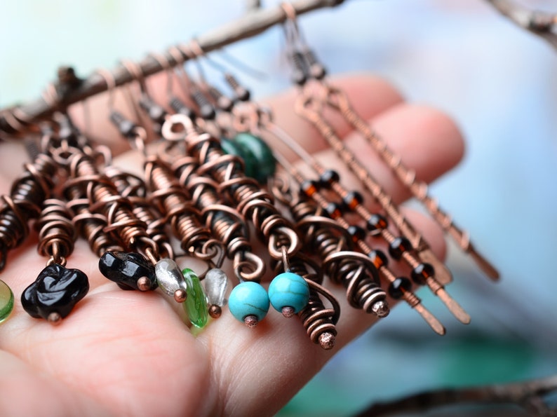 copper earrings cluster earrings gift for her copper wire wrap folk happy jewelry