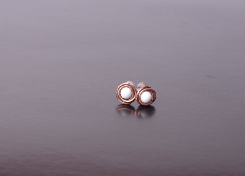 white earrings wire wrap copper studs fashion bridesmaid jewelry boho stud earrings gift for her minimal