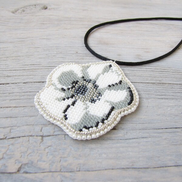 white necklace pendant, black and white necklace, Floral Necklace, Embroidered Necklace, Romantic Necklace, Boho Textile Jewelry