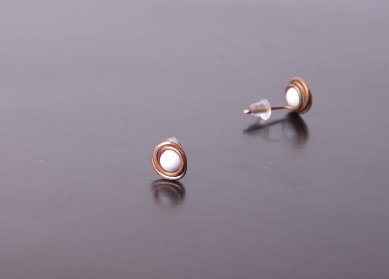 white earrings wire wrap copper studs fashion bridesmaid jewelry boho stud earrings gift for her minimal