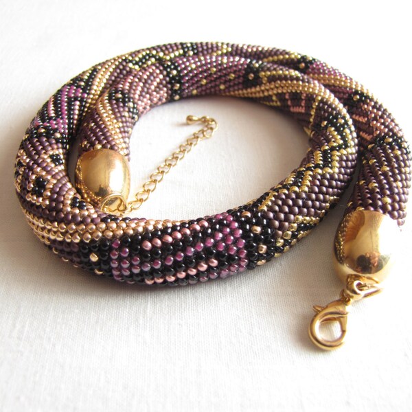 lilac gold bead crochet necklace, Bead Crochet Rope, beaded jewerly, Crochet Necklace, beaded rope, Free Shipping