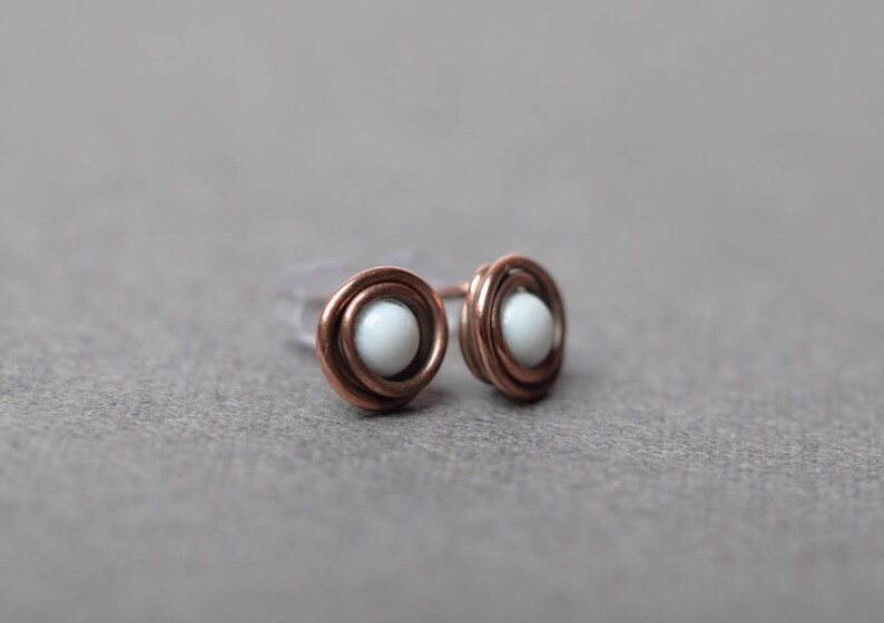 white earrings wire wrap copper studs fashion bridesmaid jewelry boho stud earrings gift for her minimal