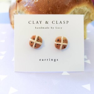 Hot Cross Bun Easter earrings, studs beautiful handmade polymer clay jewellery by Clay & Clasp image 1