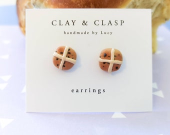 Hot Cross Bun Easter earrings, studs - beautiful handmade polymer clay jewellery by Clay & Clasp