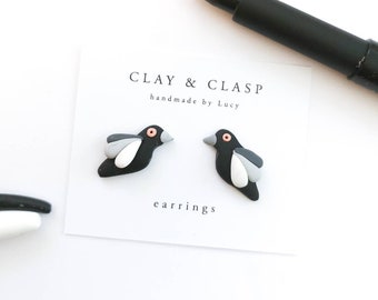 Magpie earrings - beautiful handmade polymer clay jewellery by Clay & Clasp