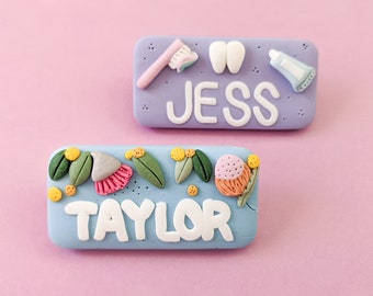 Custom name badge - beautiful handmade polymer clay jewellery by Clay & Clasp