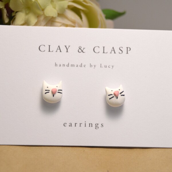 White Cat earrings - beautiful handmade polymer clay jewellery by Clay & Clasp