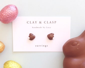 Chocolate bunny rabbit earrings - beautiful handmade polymer clay jewellery by Clay & Clasp