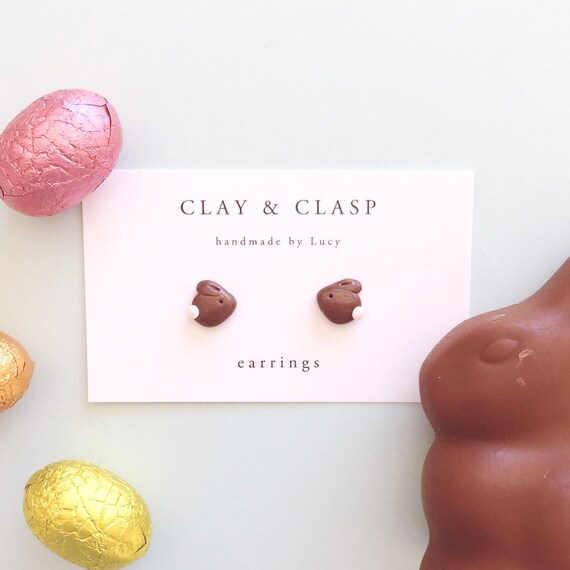 Chocolate bunny rabbit earrings - beautiful handmade polymer clay jewellery by Clay & Clasp