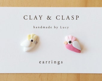 Cockatoo and Galah earrings - beautiful handmade polymer clay jewellery by Clay & Clasp