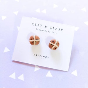 Hot Cross Bun Easter earrings, studs beautiful handmade polymer clay jewellery by Clay & Clasp image 2