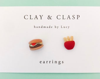 Burger and Chips Earrings - beautiful handmade polymer clay jewellery by Clay & Clasp