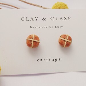 Hot Cross Bun Easter earrings, studs beautiful handmade polymer clay jewellery by Clay & Clasp image 3