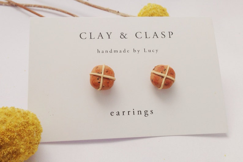 Hot Cross Bun Easter earrings, studs beautiful handmade polymer clay jewellery by Clay & Clasp image 3