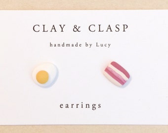 Egg and Bacon Earrings - beautiful handmade polymer clay jewellery by Clay & Clasp