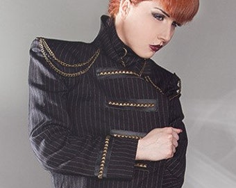 Brassy pinstriped circus jacket with chains and pyramid studs steampunk gothic look - Made in Italy