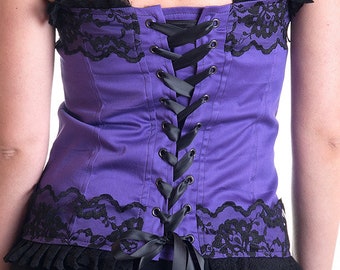 Last One! Purple cotton burlesque corset top black lace bow rosette - Handmade in Italy Limited Edition