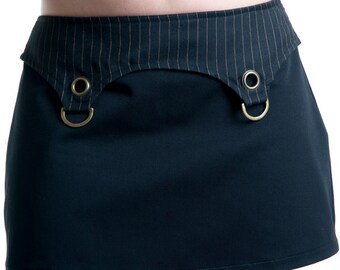 Pinstriped and black cotton mini skirt with brassy d-rings and eyelets steampunk gothic - Handmade in Italy Limited Edition