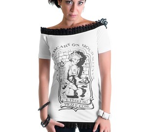 Piece of heart jersey cotton white t-shirt black lace horror pinup zombie evil - Limited Edition Handmade in Italy