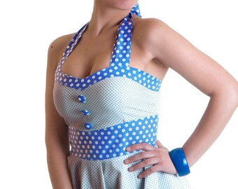 Last One! Rockabilly retro dress polka dots blue white buttons vintage 50's round skirt pin-up prom - Handmade in Italy Limited Edition