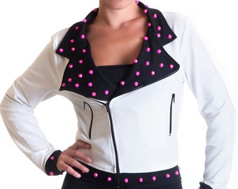 Piece of heart jersey cotton white pink studs zombie pin-up pockets zipper fleece hoodie - Handmade in Italy Limited Edition