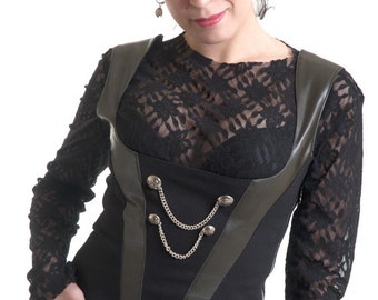 Black cotton and oil green vegi leather underbust top steampunk goth victorian burlesque - Handmade in Italy Limited Edition