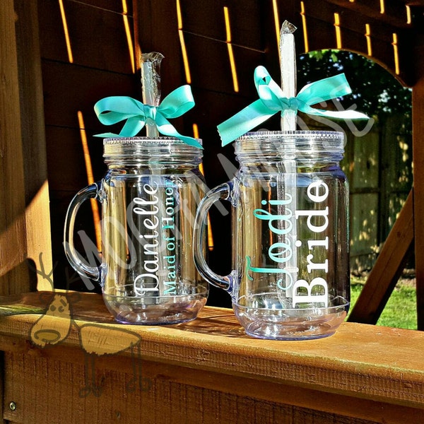 Mason jar bridal party cups with straw and lid