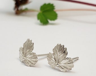 Silver earrings, strawberry leaves