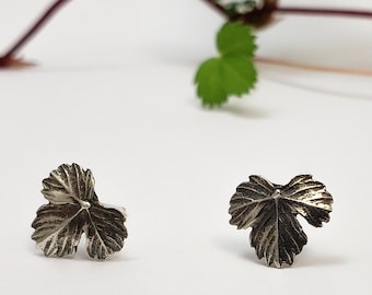 Oxidized silver earrings, strawberry leaves