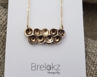 Honeycomb bronze and 14k Gold Filled necklace, Bee jewelry